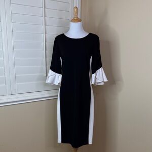 DKNY Elegant Black and White Ruffle Sleeve Dress